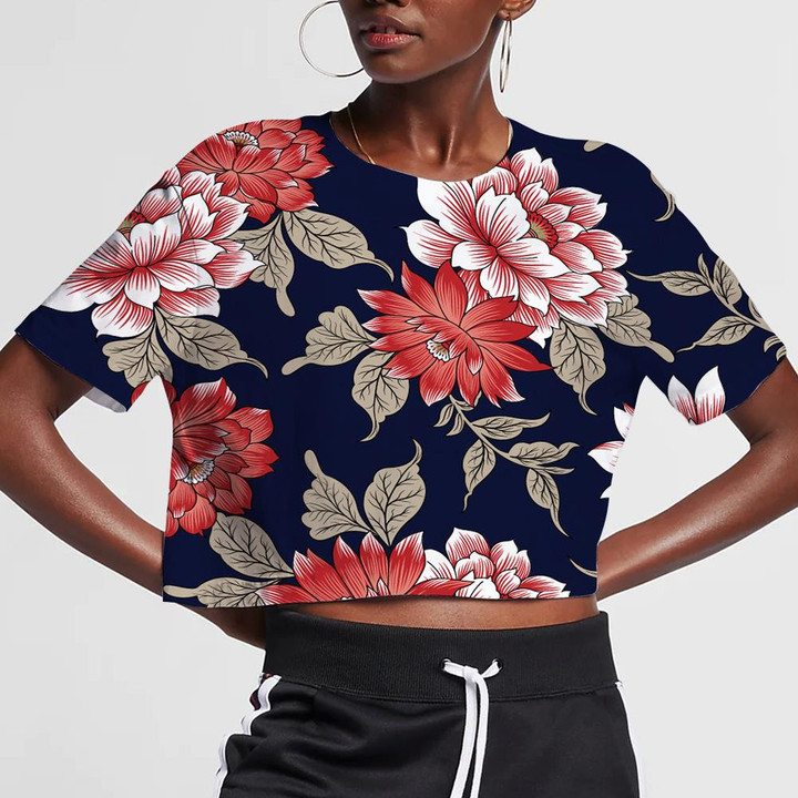 Embroidery Red And Pink Flower Branches On Navy Background 3D Women's Crop Top