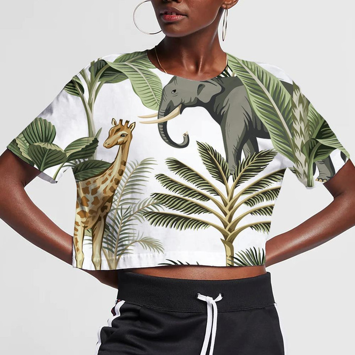 Elphant Giraffe With Tropical Palm Tree And Plant Floral 3D Women's Crop Top