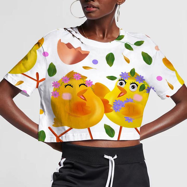 Easter Chicken With Flower Wreath Green Leaf And Egg Shell 3D Women's Crop Top