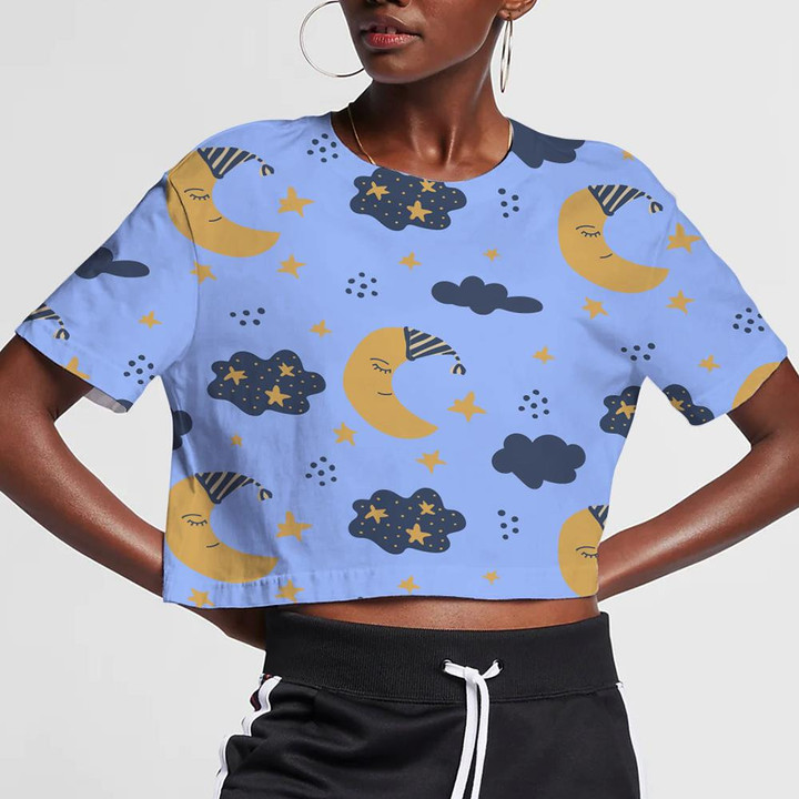 Dreaming Yellow Moon Cloud And Stars 3D Women's Crop Top