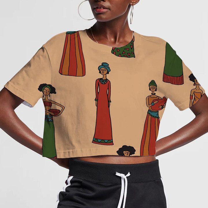 Drawing By Hand Black Women On Beige Background 3D Women's Crop Top