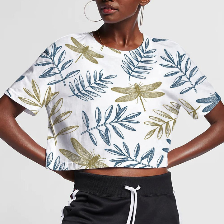 Dragonflies And Linear Sketchy Style Flower 3D Women's Crop Top