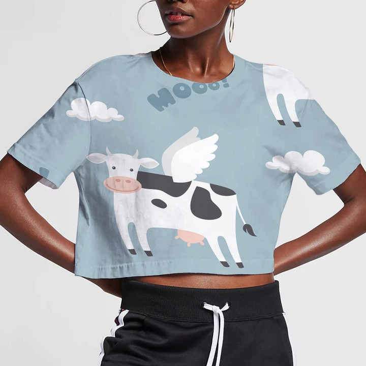 Doodle Style Funny Flying Cows With White Wings 3D Women's Crop Top