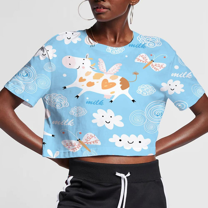 Doodle Style Flying Cow And Bee In The Sky 3D Women's Crop Top