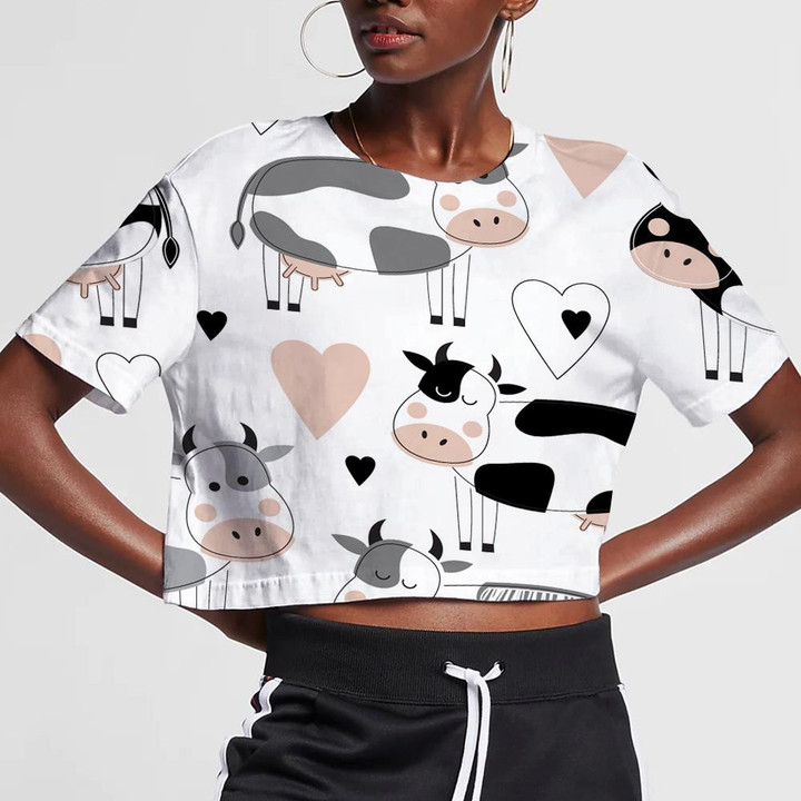 Doodle Style Cute Different Cows And Hearts 3D Women's Crop Top
