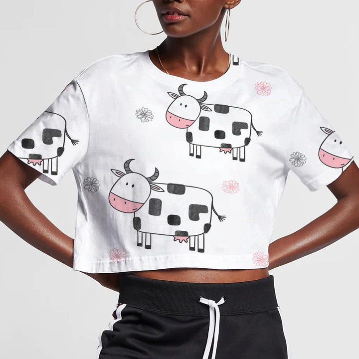 Doodle Style Cute Cartoon Cows And Line Flower 3D Women's Crop Top