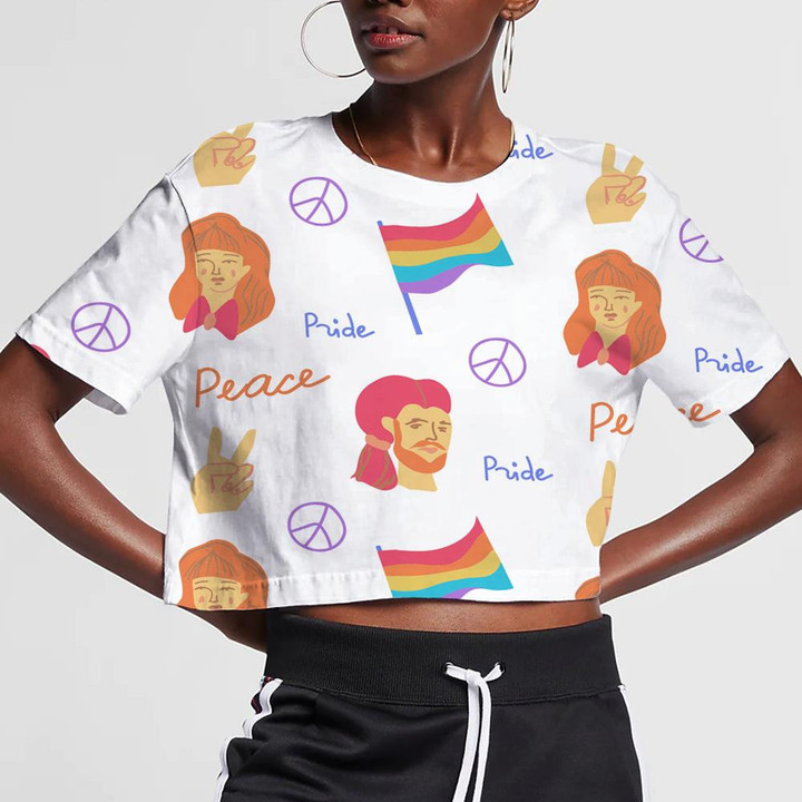 Doodle Pride Flag Peace Sign And People Hippie Style Design 3D Women's Crop Top