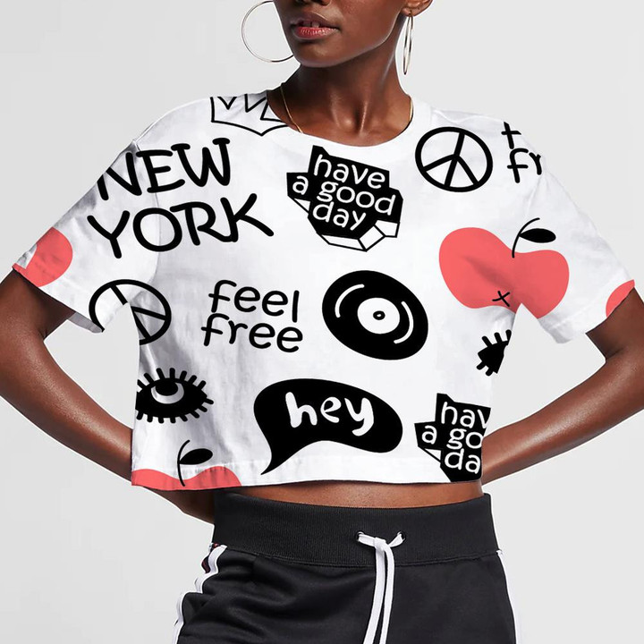 Doodle New York Hippie Style Pattern On White Background 3D Women's Crop Top