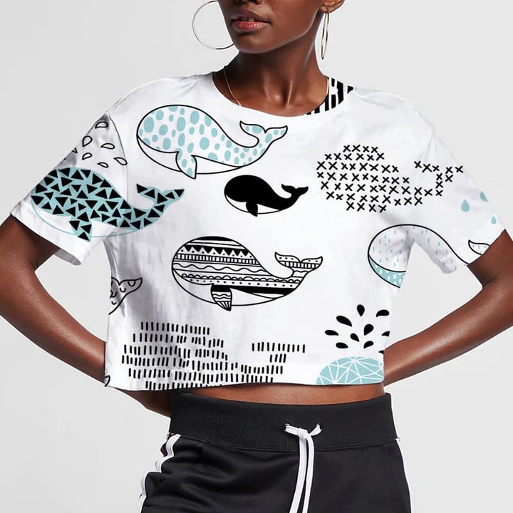 Doodle Cute Dolphin With Different Figures White Theme Design 3D Women's Crop Top