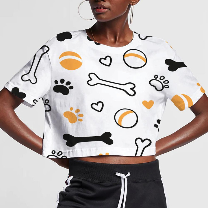 Dog With Bones Paw Prints Balls And Hearts 3D Women's Crop Top
