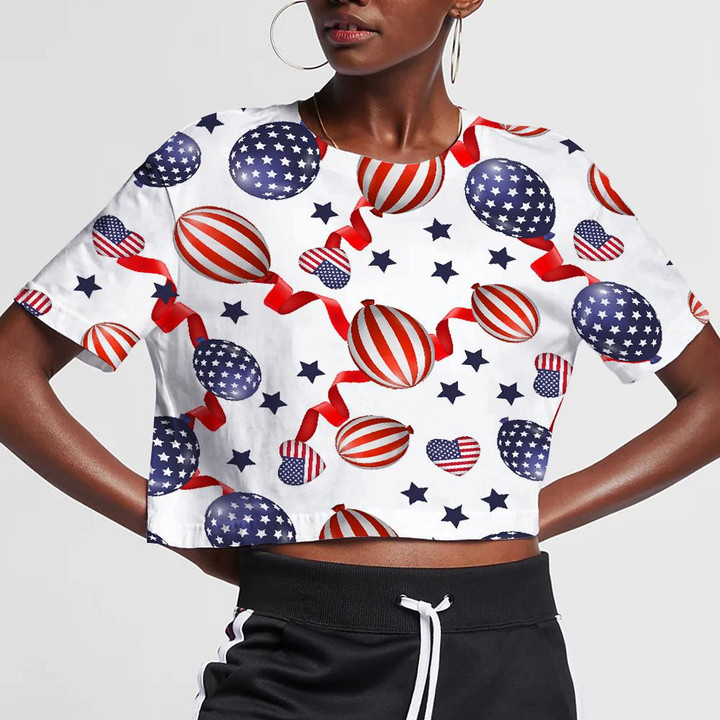 Decorative Red Stripe And Blue Star Balloon Patriotic 3D Women's Crop Top