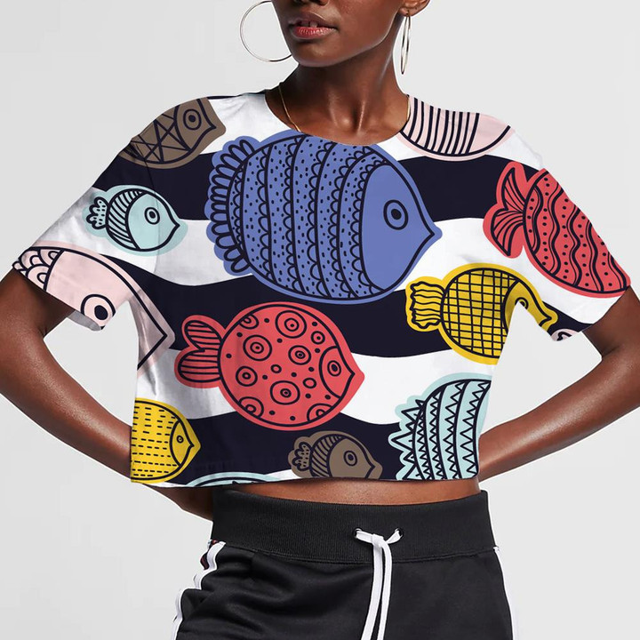 Decorative Fish Multicolor Pattern On Black White Waves Background 3D Women's Crop Top