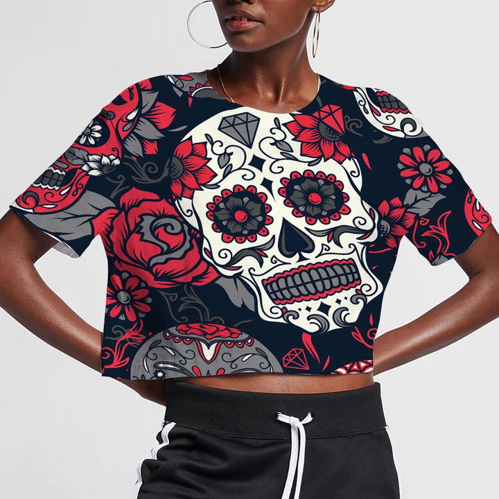 Day Of The Dead Sugar Skull Mexican With Red Flower 3D Women's Crop Top