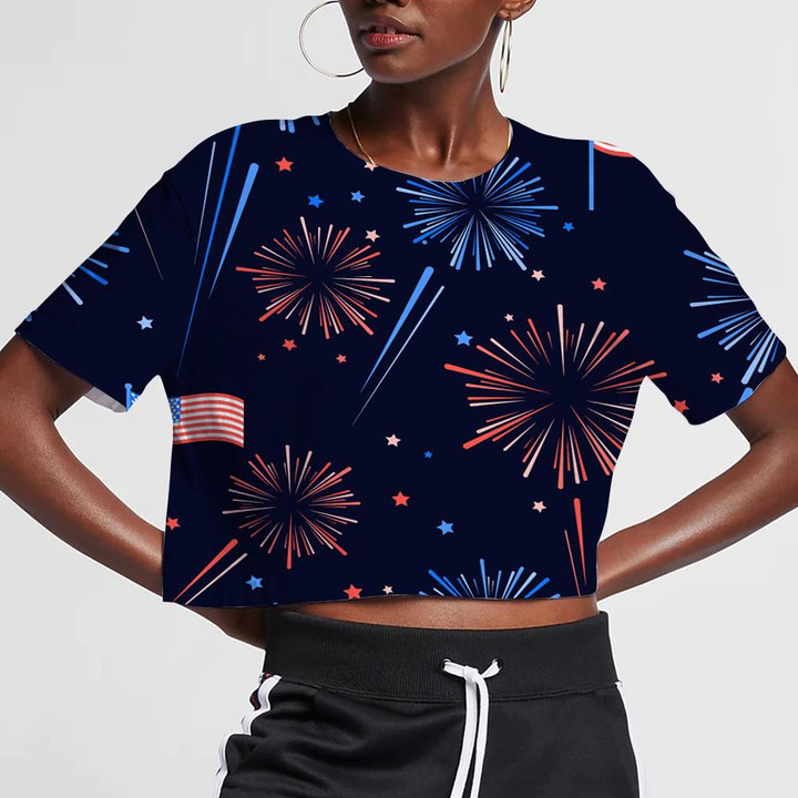 Dark Theme Fireworks Stars American Flags Pattern 3D Women's Crop Top