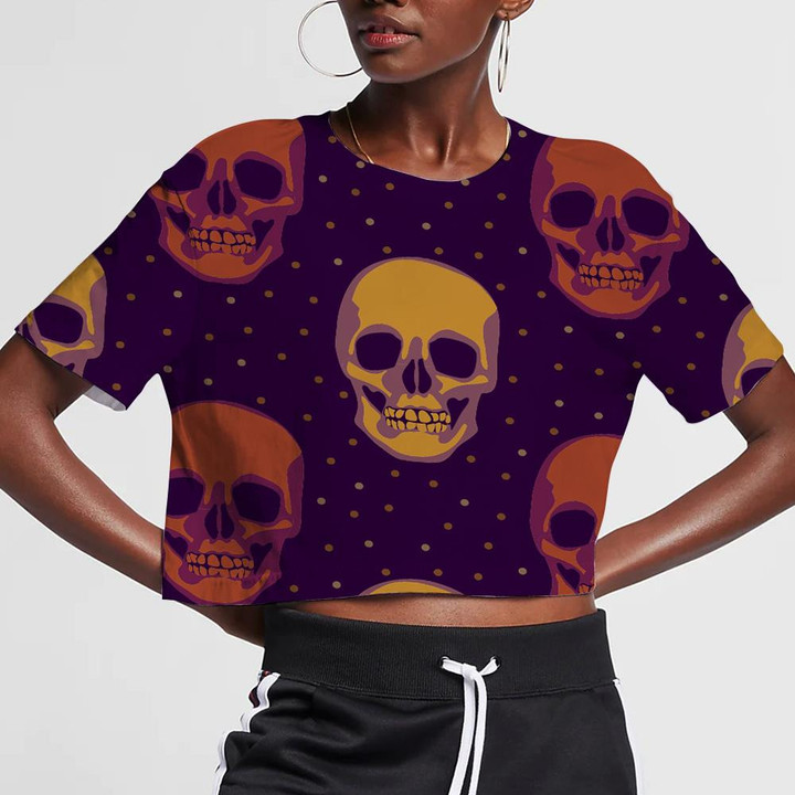 Dark Pink And Purple Skulls On Black Polka Dot Background 3D Women's Crop Top