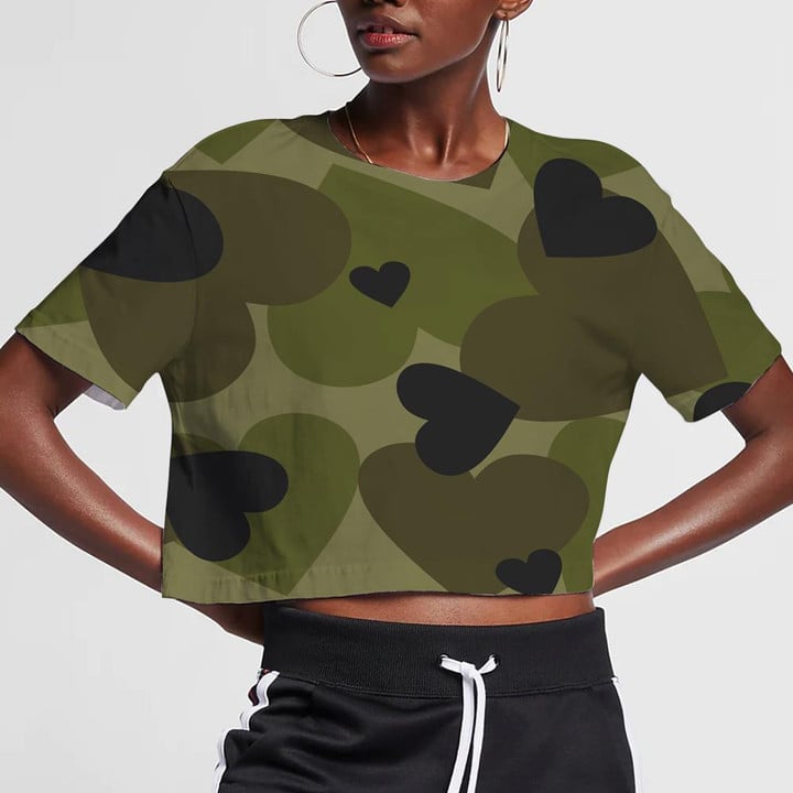 Dark Green Heart Shape Camouflage Military 3D Women's Crop Top