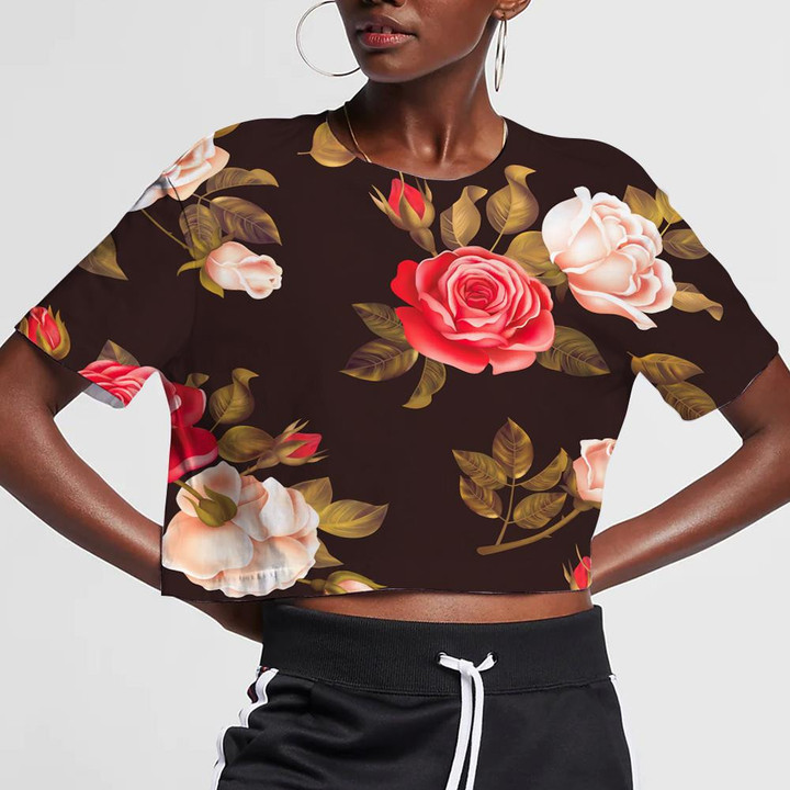 Dark Brown Background With Beautiful Red Pink Roses Pattern 3D Women's Crop Top