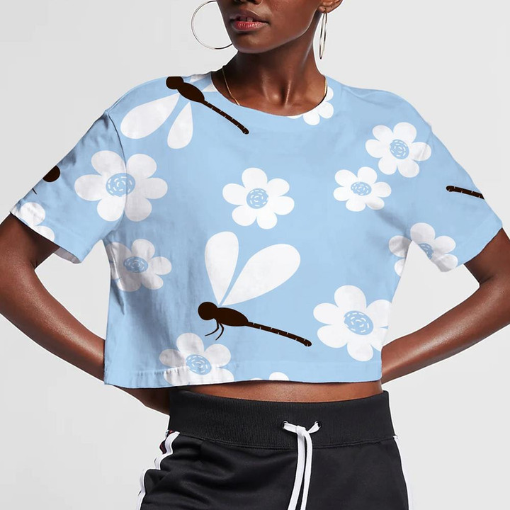 Daisy Flower And Dragonfly Cartoons On Blue Background 3D Women's Crop Top