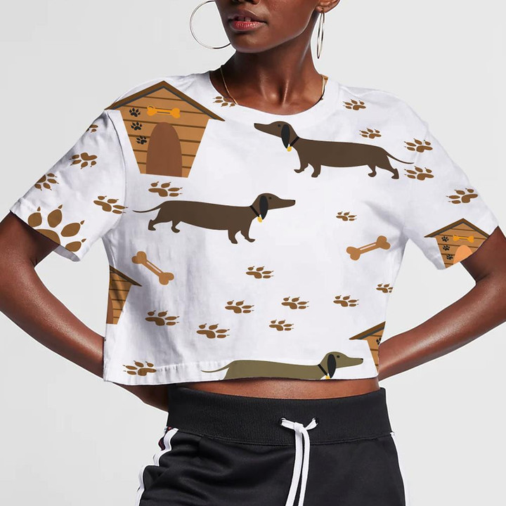Dachshund With Dog Houses And Footprints 3D Women's Crop Top