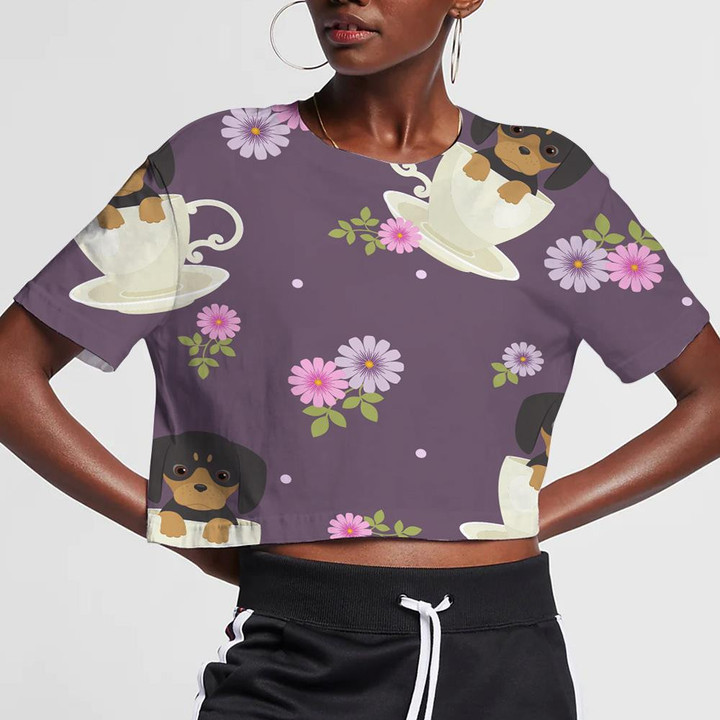 Dachshund Dog Sitting In A Cup With Flowers 3D Women's Crop Top