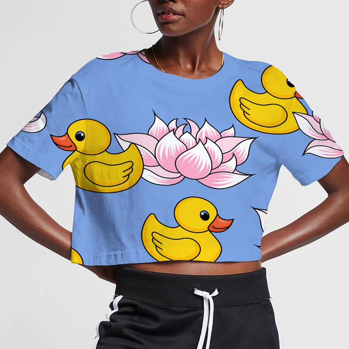 Cute Yellow Rubber Ducks And Beautiful Lotuses 3D Women's Crop Top