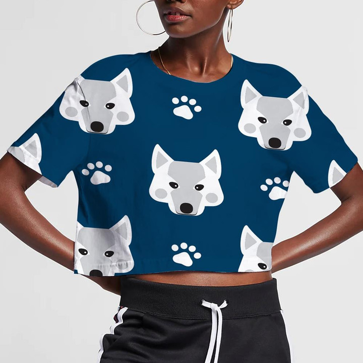 Cute White Wolf Or Dog Face And Pawprint 3D Women's Crop Top