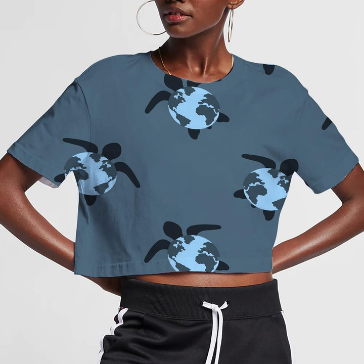Cute Turtles With Earth Shells Sea Background 3D Women's Crop Top