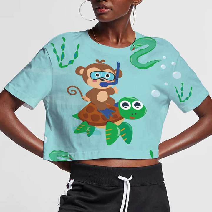 Cute Turtle And Monkey Colorful Style 3D Women's Crop Top
