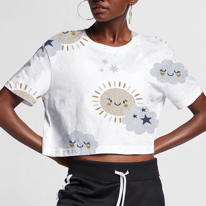 Cute Sun With Smiling Cloud And Start 3D Women's Crop Top