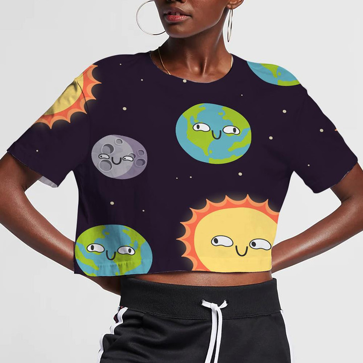 Cute Sun Moon And Earth On Dark Background 3D Women's Crop Top