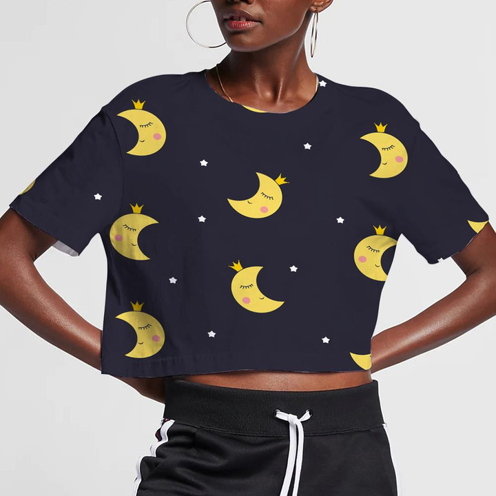 Cute Smiling Moon In Crown On Black Background 3D Women's Crop Top
