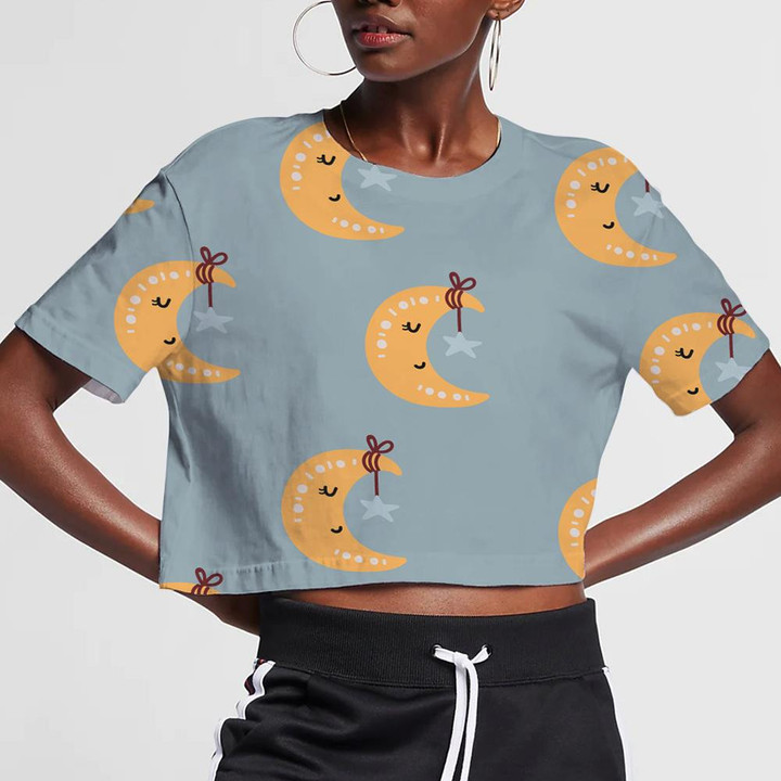 Cute Sleeping Moon With Star On Blue Background 3D Women's Crop Top