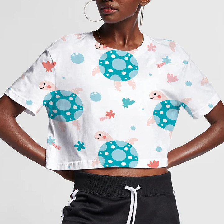 Cute Sea Turtles Circled On White Background 3D Women's Crop Top