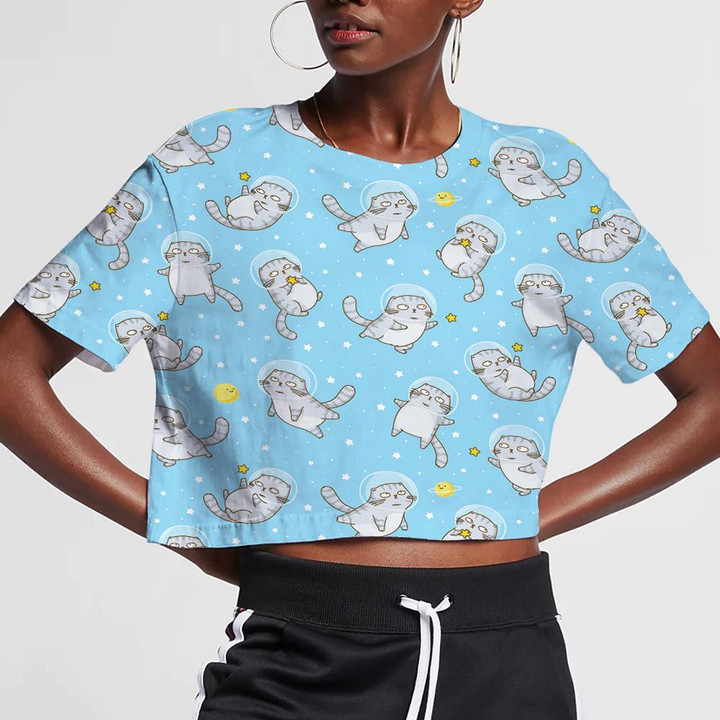 Cute Scottish Fold Cats Astronauts On Starry Space Background 3D Women's Crop Top
