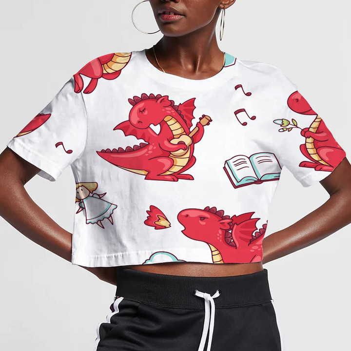Cute Red Dragons And Music On White 3D Women's Crop Top