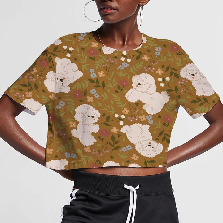 Cute Poodles And Flowers Garden On Brown 3D Women's Crop Top