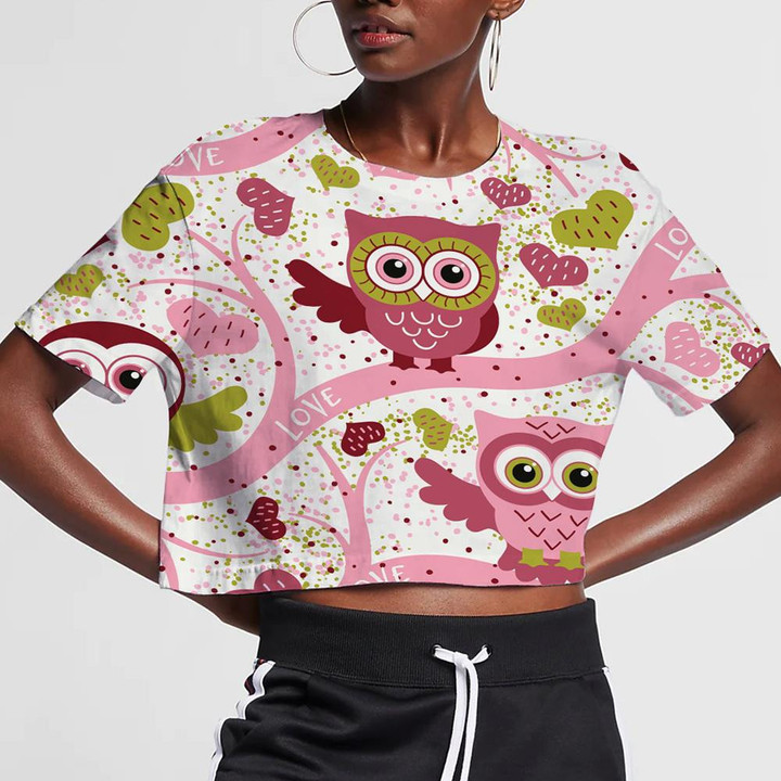 Cute Pink Bird Owls On A Tree In Spring Forest 3D Women's Crop Top
