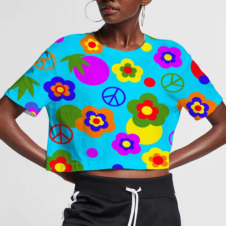 Cute Pattern In Hippie Style With Colorful Flowers And Peace Symbol On Blue Background 3D Women's Crop Top