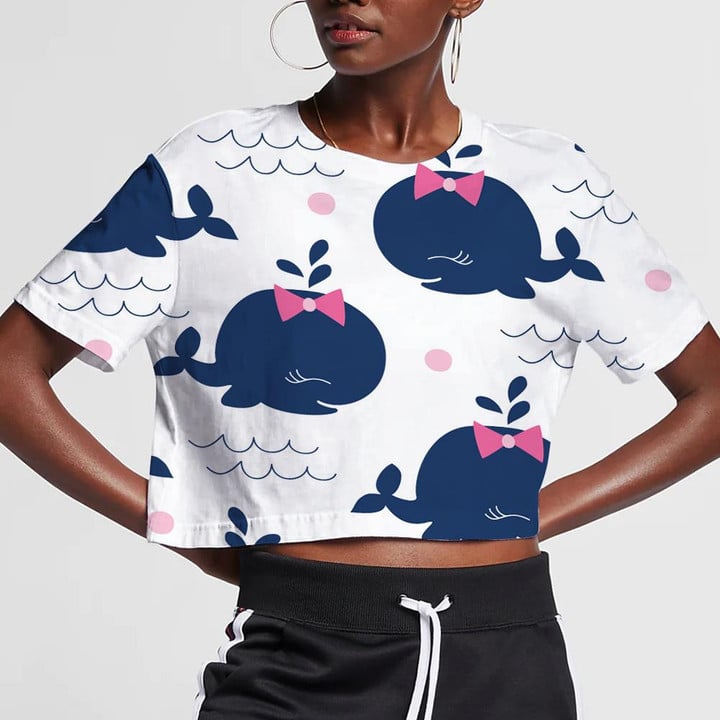 Cute Navy Whale Girl With Pink Bow And Dot On White Design 3D Women's Crop Top