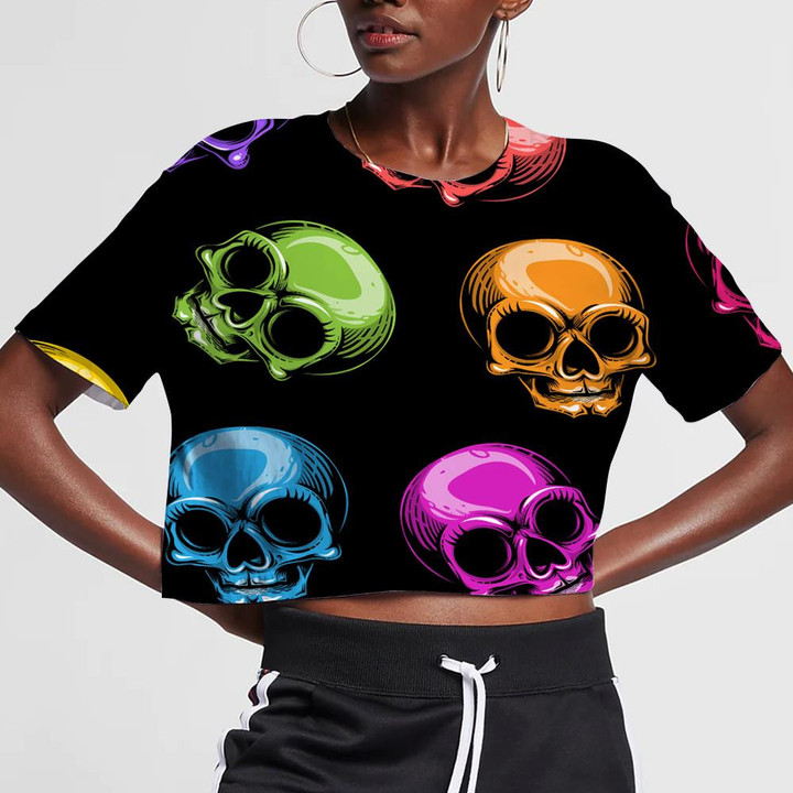 Cute Multicolored Human Skulls On Black Background 3D Women's Crop Top