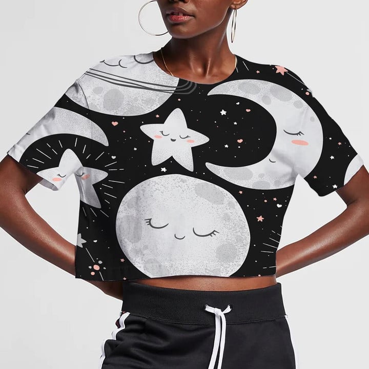 Cute Moon With Star And Planet 3D Women's Crop Top