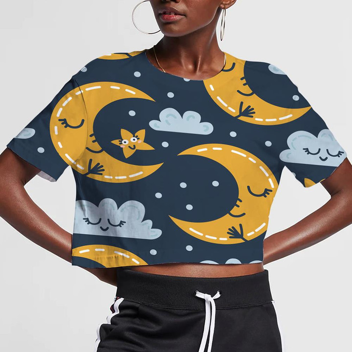 Cute Moon With Cloud And Star In The Night Sky 3D Women's Crop Top