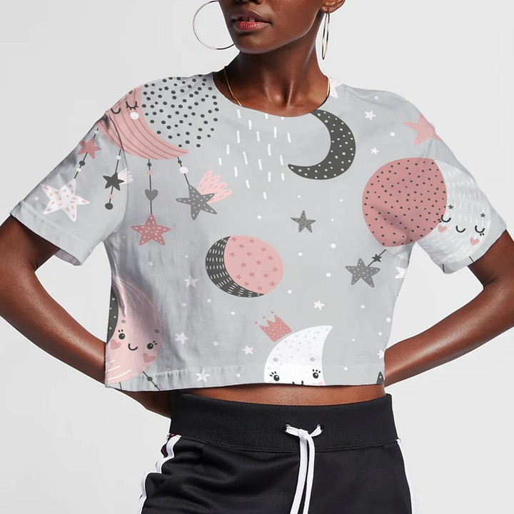 Cute Moon And Star On Beautiful Sky 3D Women's Crop Top