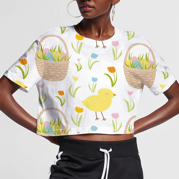 Cute Little Chickens Tulips Flower And Picnic Basket 3D Women's Crop Top