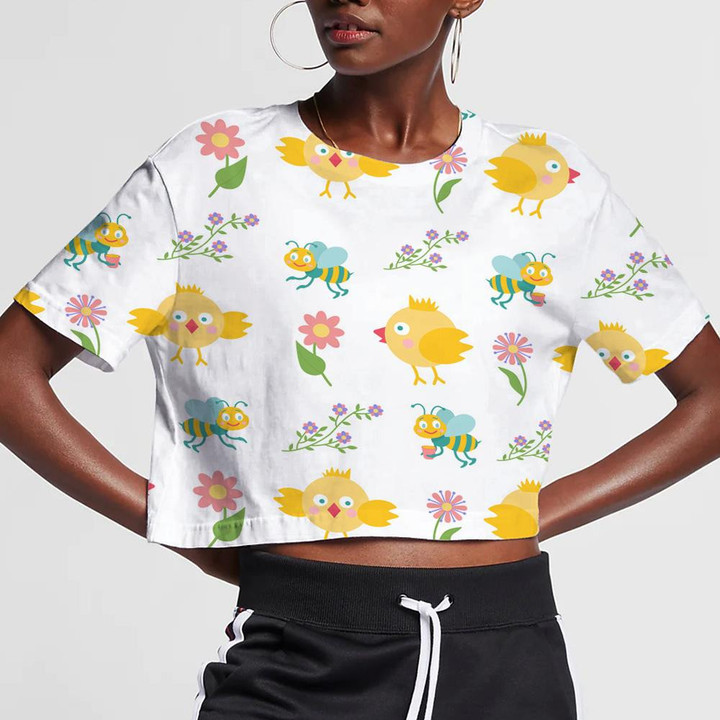 Cute Little Chickens Bees And Beautiful Flowers 3D Women's Crop Top