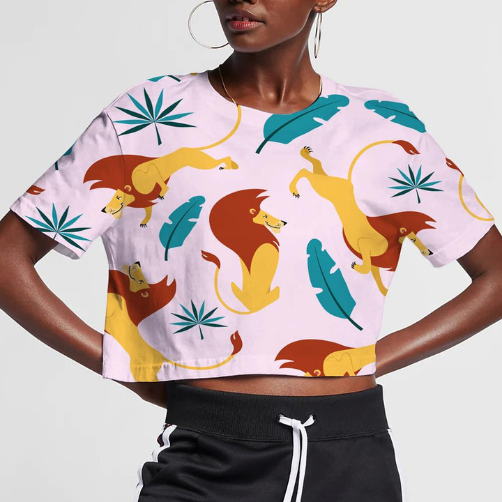 Cute Lions With Tropical Palm And Banana Leaves 3D Women's Crop Top