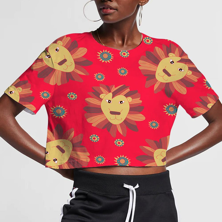 Cute Lions And Sunflowers On Red Background 3D Women's Crop Top
