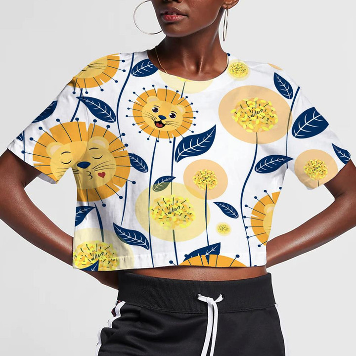 Cute Lion With Yellow Dandelion Flowers And Leaves 3D Women's Crop Top