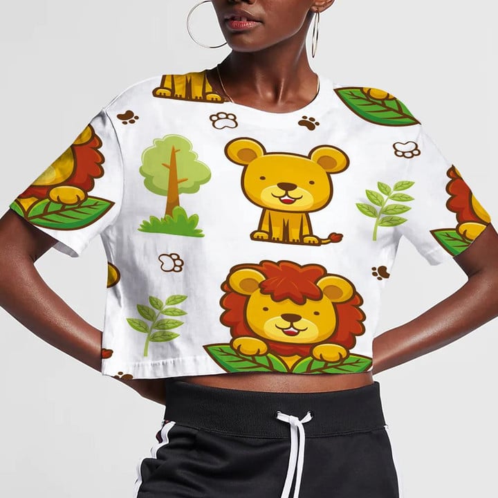 Cute Lion With Footprint Trees And Leaves 3D Women's Crop Top