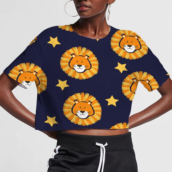 Cute Lion Head And Star On Purple Background 3D Women's Crop Top